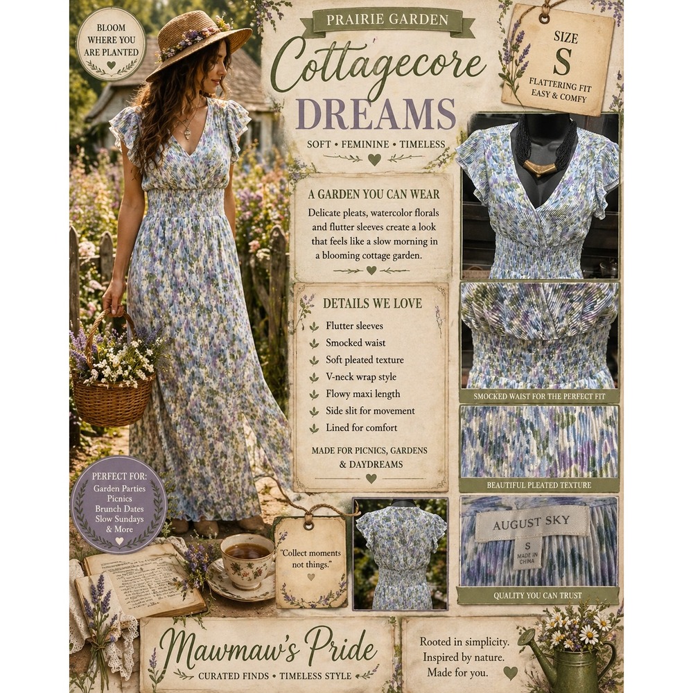 August Sky Floral Cottagecore Maxi Dress Blue Purple Smocked Flutter Sleeve S